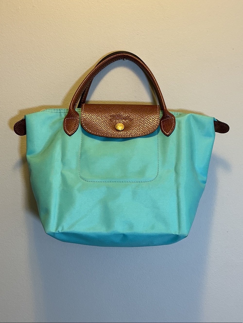 Longchamp Turquoise Nylon Le Pliage Tote with Brown Leather Trim